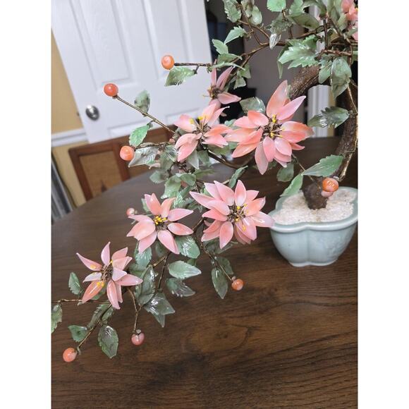Vintage Chinese Glass Stone Jade Cherry Blossom Bonsai Tree Pink Flowers 14" - Picture 7 of 16